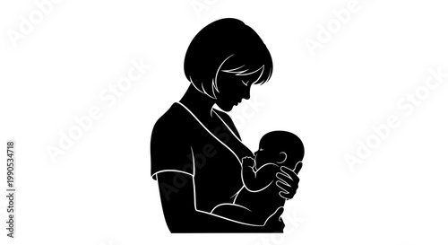 Black and white silhouette of a mother breastfeeding her baby.
