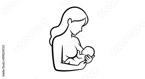 Minimalist line art illustration of a mother breastfeeding her newborn baby.