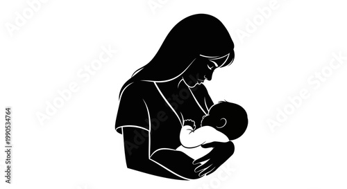 Black and white silhouette illustration of a mother breastfeeding her newborn baby.