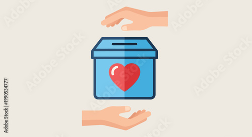 Charity donation box with red heart and hands illustration.