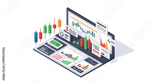 Isometric illustration of a financial trading dashboard displaying stock market charts, candlestick graphs, and various data visualizations on a laptop screen.