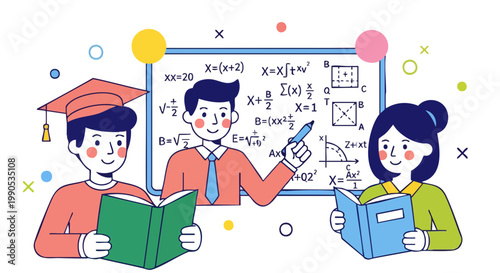 Flat vector of teacher explaining math formulas to students