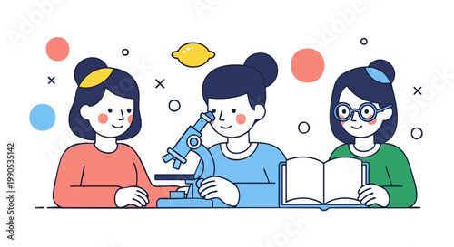 Young students conducting scientific research with a microscope