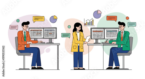 Business Professionals Analyzing Data on Multi-Screen Office Monitors