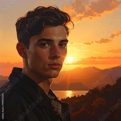 A young man with short hair against a vibrant sunset backdrop