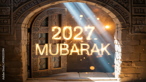 Ornate doorway creates a sophisticated frame for a glowing 2027 Mubarak sign, bathed in divine light rays and floating particles that enhance the spiritual ambiance of the architectural scene.