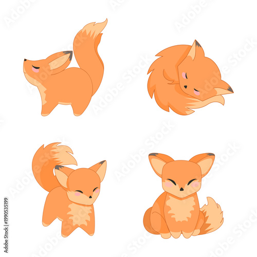 Set of little fluffy cute red cartoon foxes