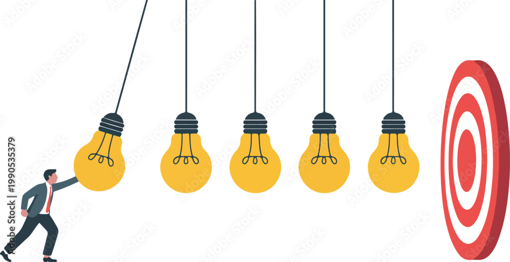 Fototapeta premium Businessman pushing light bulb like a pendulum to hit target representing creative strategy and goal achievement vector illustration