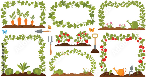 Garden Vegetable Frame Border Set with Carrot, Tomato, Cabbage, Strawberry, Vine, and Gardening Tools for Farm and Nature Designs