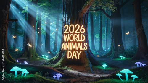 Forest landscape featuring glowing mushrooms and fireflies serves as a magical backdrop for a 2026 World Animals Day celebration banner that highlights nature and the importance of conservation.