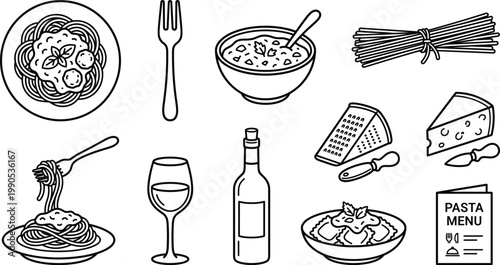 Charming black and white sketch of italian cuisine elements including pasta cheese and wine