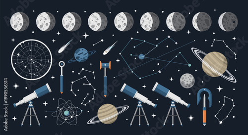 Astronomy and Space Element Set with Moon Phases, Planets, Constellations, Telescope, Stars, and Galaxy for Science and Cosmic Designs
