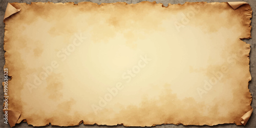 Antique blank parchment paper with burnt edges and a stained grunge texture features an aged sepia design on worn vintage brown material