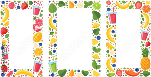 Colorful Tropical Fruit Smoothie Frame Border Set with Strawberry, Banana, Mango, Orange, and Berry for Juice Bar and Menu Designs