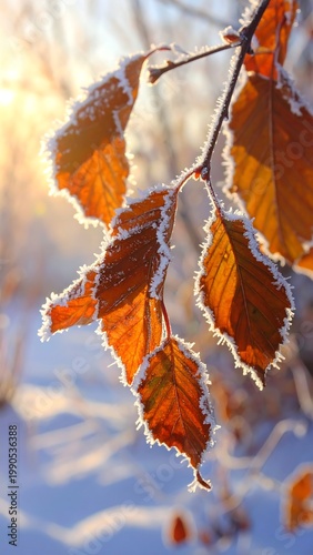 Frosty orange leaves on a snowy branch at sunrise