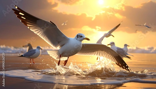 Seagulls playfully interact on a serene beach at sunset