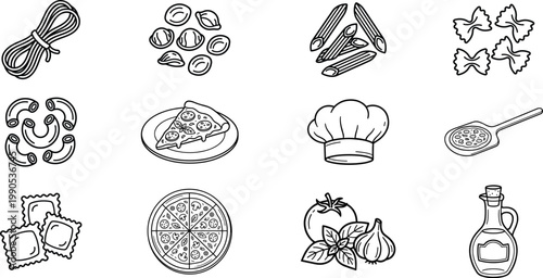 Culinary delights a hand drawn collection of pasta pastries and cooking utensils in black and white