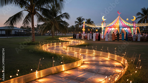 Lanterns illuminate a winding garden pathway leading toward a festive tent decorated with crescent moon symbols during an evening celebration in a lush tropical park setting at dusk.