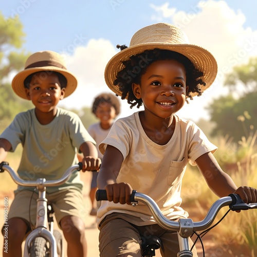 Smiling kids ride bikes on sunny day