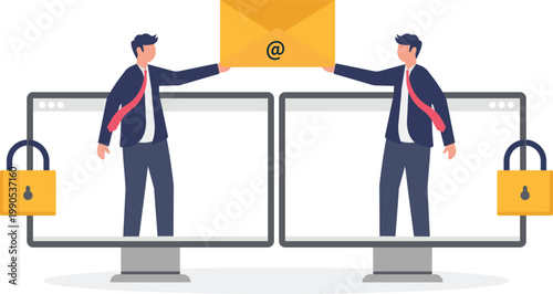 Professionals exchanging secure email messages digitally