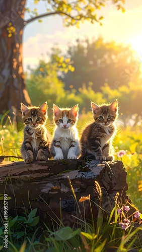 Three adorable kittens on a tree stump in a lush green meadow