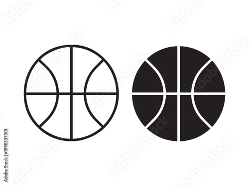 Set of basketball ball vector icons in outline and silhouette style, flat sports symbols isolated on white background.
