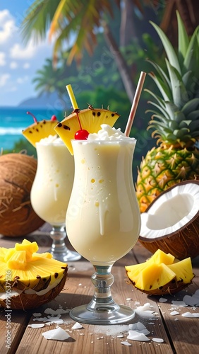 Two creamy tropical cocktails with umbrellas on a wooden table