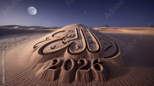 Calligraphy featuring the word Allah and the year 2026 is elegantly etched into the shifting sands of a vast desert landscape under the soft glow of a night sky with a visible crescent moon.
