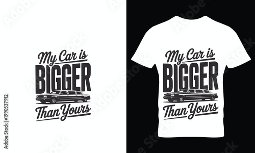 White tshirt with black text and car on white and black backgrounds