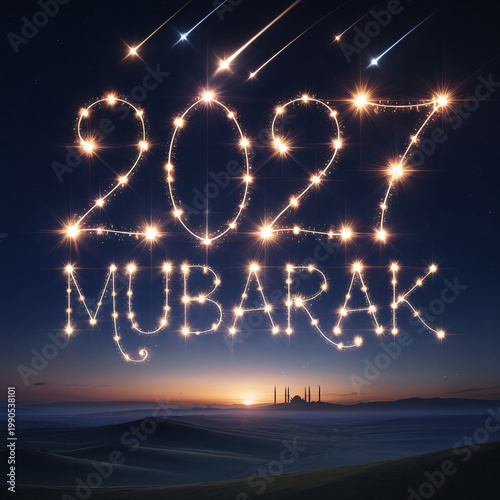Numbers 2027 and the word Mubarak are formed by glowing celestial stars in a dark night sky above a silhouetted desert landscape with a distant mosque on the horizon to mark the new year.
