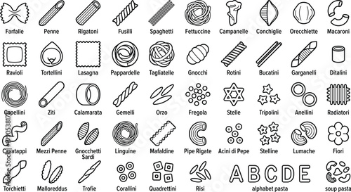 A comprehensive collection of pasta shapes illustrated in a black and white line drawing style showcasing diverse forms