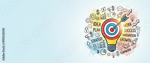 Business strategy & innovation concept: creative lightbulb target, arrow, and various doodle icons on a watercolor background.