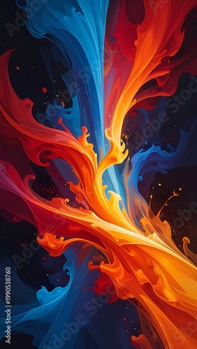 Vibrant abstract art with swirling red, orange, and blue hues