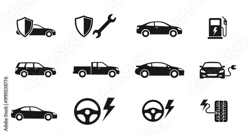 Collection of car icons and symbols for automotive industry.