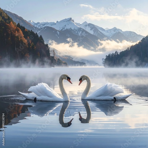 Two swans on a serene lake with mountains