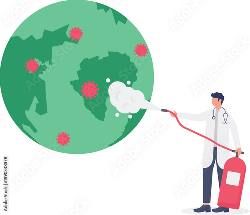 Specialist sanitizing world globe from global viral infection