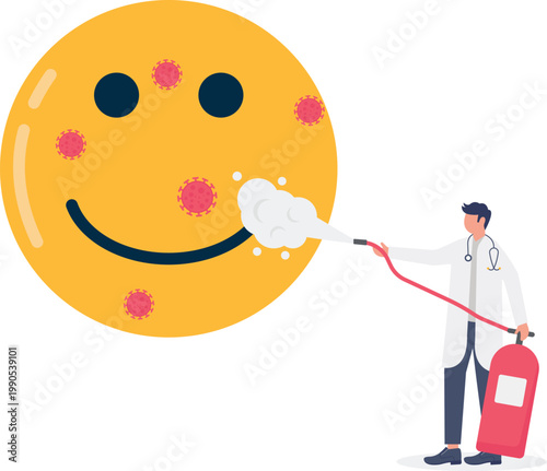 Specialist disinfecting happy smile face from viral infection