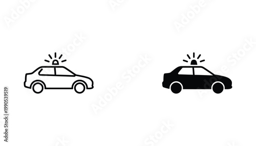Police car with emergency siren light icon for law enforcement and emergency response services in black and white vector art with clean lines and simple iconic design for safety apps