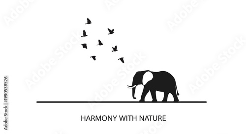 Minimalist silhouette illustration of an elephant and a flock of birds.