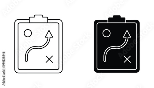 Strategic project management clipboard icon with route map and goal markers for business planning and task organization in clean black and white vector art for corporate project tracking