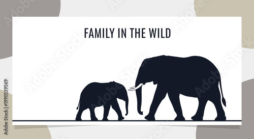 Silhouette of an adult elephant and a baby elephant walking together.