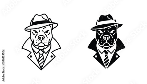 Pitbull dog wearing a fedora hat and trench coat icon set in outline and solid black silhouette styles for detective or noir character designs