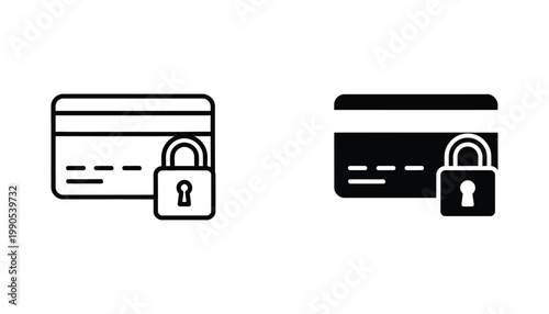 Credit card with padlock icon set in outline and solid black silhouette styles for secure payment and online transaction security concepts