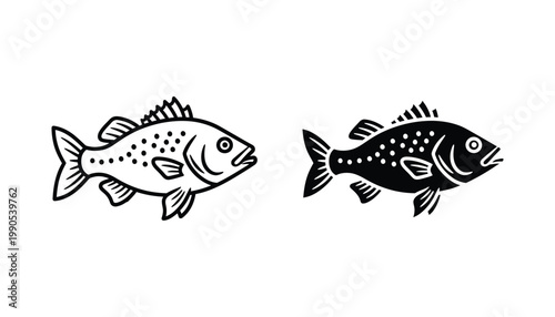 Spotted fish swimming icon set featuring detailed outline and solid black silhouette styles for marine life and fishing industry graphics