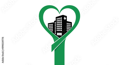Green heart ribbon integrated with a black hospital building icon for medical care.