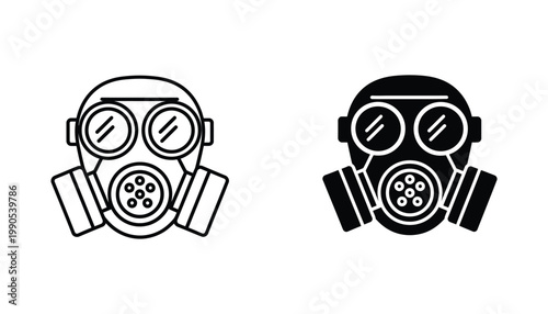 Gas mask protective gear icon set in linear and filled solid black styles for safety emergency and chemical hazard protection concepts