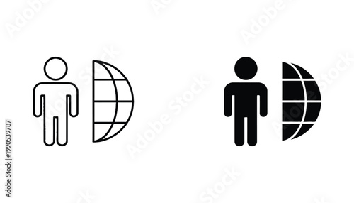 Human figure and globe hemisphere outline and solid icons for global communication and international networking concepts set on white background