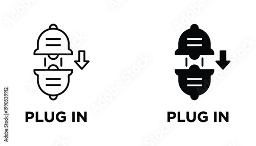 Plug in connection icon set featuring electrical power cord symbol in outline and solid black vector style for technology and hardware related interfaces