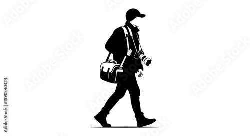 Silhouette of a photographer walking with camera bag.