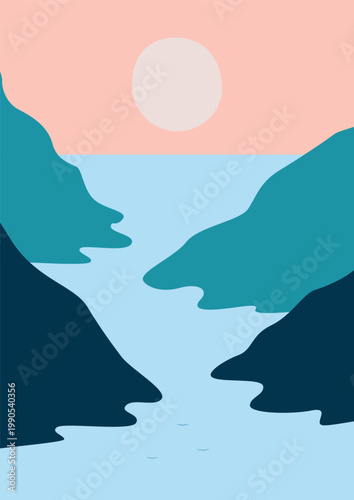 Landscape of a river in mountains scenery. Panoramic view of mountain range with a river flowing through it. Vector illustration of scenic landscape with river winding between majestic mountain range